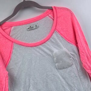 Hollister Women's Gray Pink Baseball Tee Sequins Pocket Size M Y2K